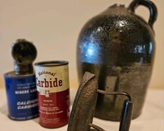 Miners lamp, flat iron, pottery 