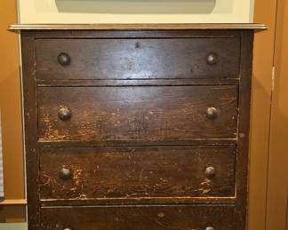 Antique 5 drawer chest and 1950s Flamingo mirror