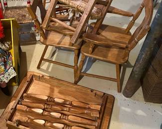 Kids maple table and two chairs; other kids chairs.