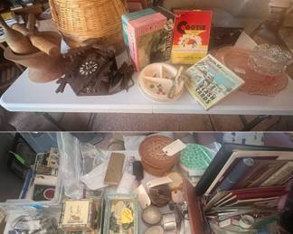 Misc. vintage items (Mickey Mouse kids bowl, vintage Cootie game and puzzles, cuckoo clock)