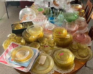 Collectible plates, dishes, bowls, etc., many from early 1900s. Carnival and Depression glass