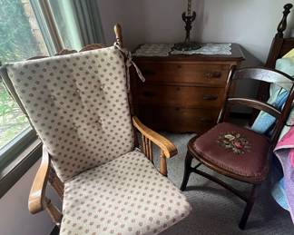 Wooden swivel desk chair; needlepoint seat chair; dresser
