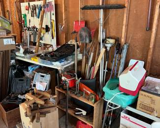 Various garden, home and power tools (some antique); wooden clamps; fishing poles; variety of screws, fasteners, etc.