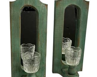 Green Wood Mirrored Wall Candle Holders