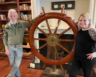 J&K friends, Kelly and Paul, showing off the 5' Round Ship's Wheel on brass base