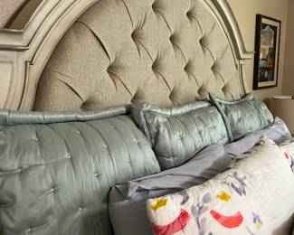 King Size Tufted Upholstered Bed, pillows, linens