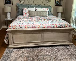 Light Gray King Size Tufted Upholstered Bed, King Size mattress and box springs, Rug