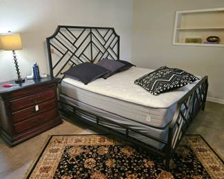 Black Metal king size bed, king size mattress and box springs, Marble top bedside table