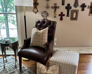 Cross collection, Brown tufted leather chair, Checked upholstered cube, pillow