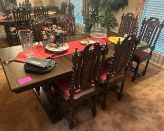 8 Antique Oak barley twist chairs (Sold separately) Dining table and server art matching and sold separately as well
