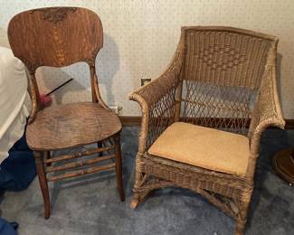 Vintage Wicker Rocking Chair And Tiger Oak Side Chair 