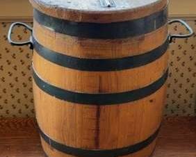 Antique Hinged Lid Whiskey Barrel With Metal Hoop Handles