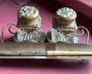 Vintage Double Ink Well With Hagley Quill Pen In Holder
