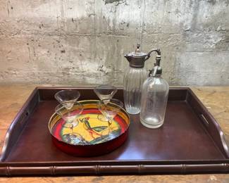 Antique Carafe, Oakland Pioneer Seltzer Bottle, Serving Tray,Metal Tray Stemware