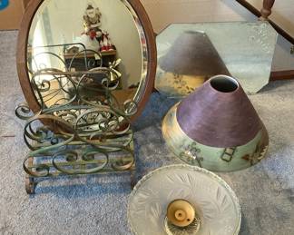 Antique Mirrors, Magazine Holder And Ceramic Lampshade 