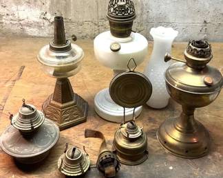 Antique Oil Kerosene Metal, Glass Lamps With Extra Parts