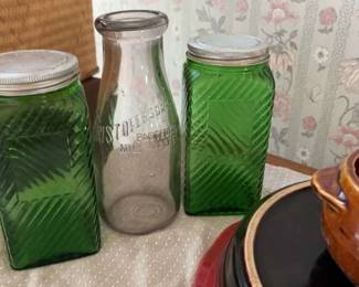 Vintage Owings Illinois green ribbed glass canisters Other items