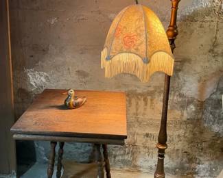 Cream Fringed Wood Metal Victorian Lamp  Spindle Leg Parlor Table