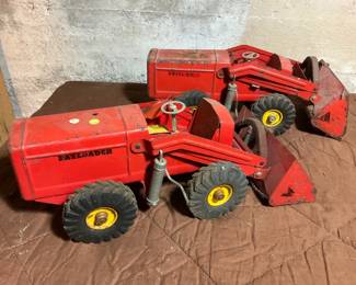 Pair Vintage Nylint Red Pressed Steel Hough Payloader Front End Loaders Toy 