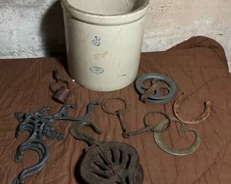 3 Gallon Redwing Crock, Pullies, Plant Hooks, Horse Bit, More