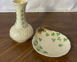 Belleek Shamrock Design Small Vase * Teabag Holder
