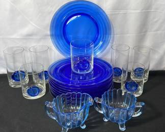Blue Glass Salad Plates * Stamped Blue Eagle Glasses * Blue Glass Cream/Sugar Bowls
