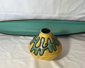 Signed Gorbon Isil Mid Century Pottery Vase * Aqua Canoe Painted Tray Decor
