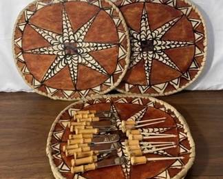 Hand painted Heavy Paper * Woven Small Placemats * Wooden Handle Skewers * Tiny Knife * Forks Set

