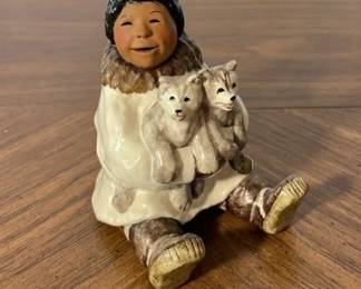 Alan Johnson Signed Glazed Pottery Eskimo With Huskies Figurine
