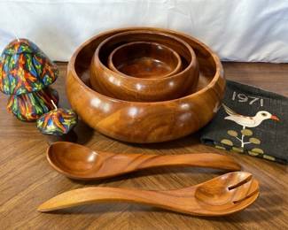 Monkey Pod Wood Serving Bowl Set * Utensils * Mushroom Candles * 1971 Calendar Linen Towel
