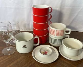 Vintage United Airlines Soup * Coffee * Wine Glasses * Western Airlines Plastic Coffee Cup * Saucers

