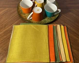 OMC Japan Porcelain Mid Century Modern Style Teacups * Color block Linen Napkins
