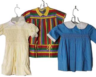 2-Polly Flinders Hand Smocked Children's Dresses (Size 4T) & 1-Handmade Striped Smock
