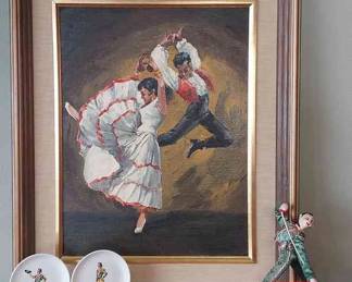 Vintage Roldan Cloth Matador * Flamenco Dancers Oil On Canvas-Signed * 2 Souvenir Plates
