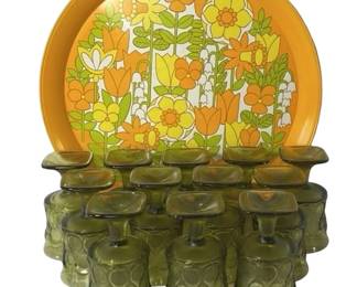 1970’s Bright Cheerful Metal Serving Tray * Vintage Green Small Goblets
