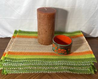 Woven 70’s Colors Placemats * Big Candle * Signed Ceramic Bowl
