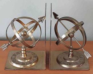 Vintage Brass Spherical/Sundial Bookends - Made In Korea
