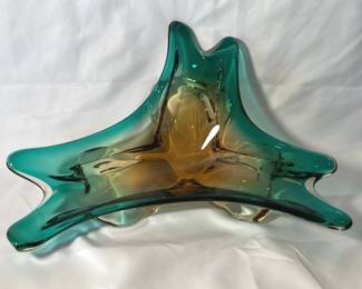 Mid Century G. Giacobbe Murano Glassware Teal * Amber Decorative Dish * See Lot 803 Matching Holders

