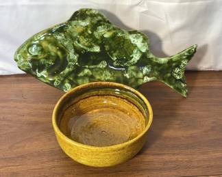 Unique Green Glazed Ceramic Fish * Handmade Ceramic Bowl Italy
