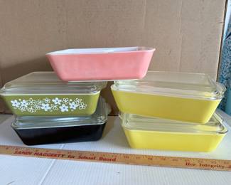 5 Pyrex Covered Casseroles, the pink one has a chip $70.00 all 