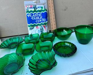 All Green Glass Shown with Tablecloth $32.00