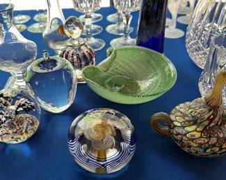 Paper weight  and perfume bottle signed Henry Summa, Villeroy Boch vase, and Murano Millefiori teapot/paper weight.