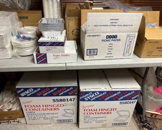Restaurant disposable foam hinged congainers, paper doilies, napkins, paper plates, cups, plastic utincils 
