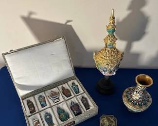 Set of 10 miniature cloisonne vesels,  Southeast Asian headdress, mini Cloisonne box and vintage Chinese Cloisonne/enamel vase/urn.