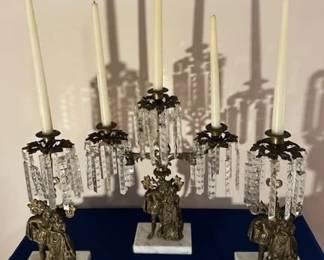 Set of brass Girandoles with prisms and marble bases.