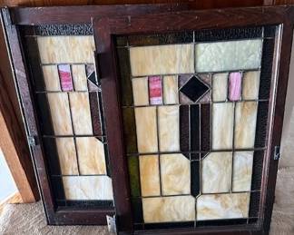 2 Vintage geometric stained glass window panes.