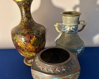 Chinese bronze cloisonne incense pot, vintage Asian Cloisonne vase/urn and Cloisonne enamel vase.