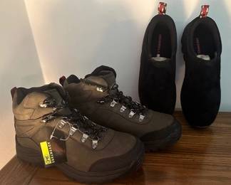 2 Pod Adventure hiking boots and Merrell black suede slip ons