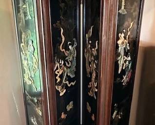 Antique Chinese 4 panel lacquered wood and soapstone screen. 