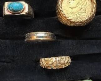 14k turquoise ring, 18k Coin ring, 14k 2 tone men's ring, 14k men's scrolled ring, and 18k jade men's ring.